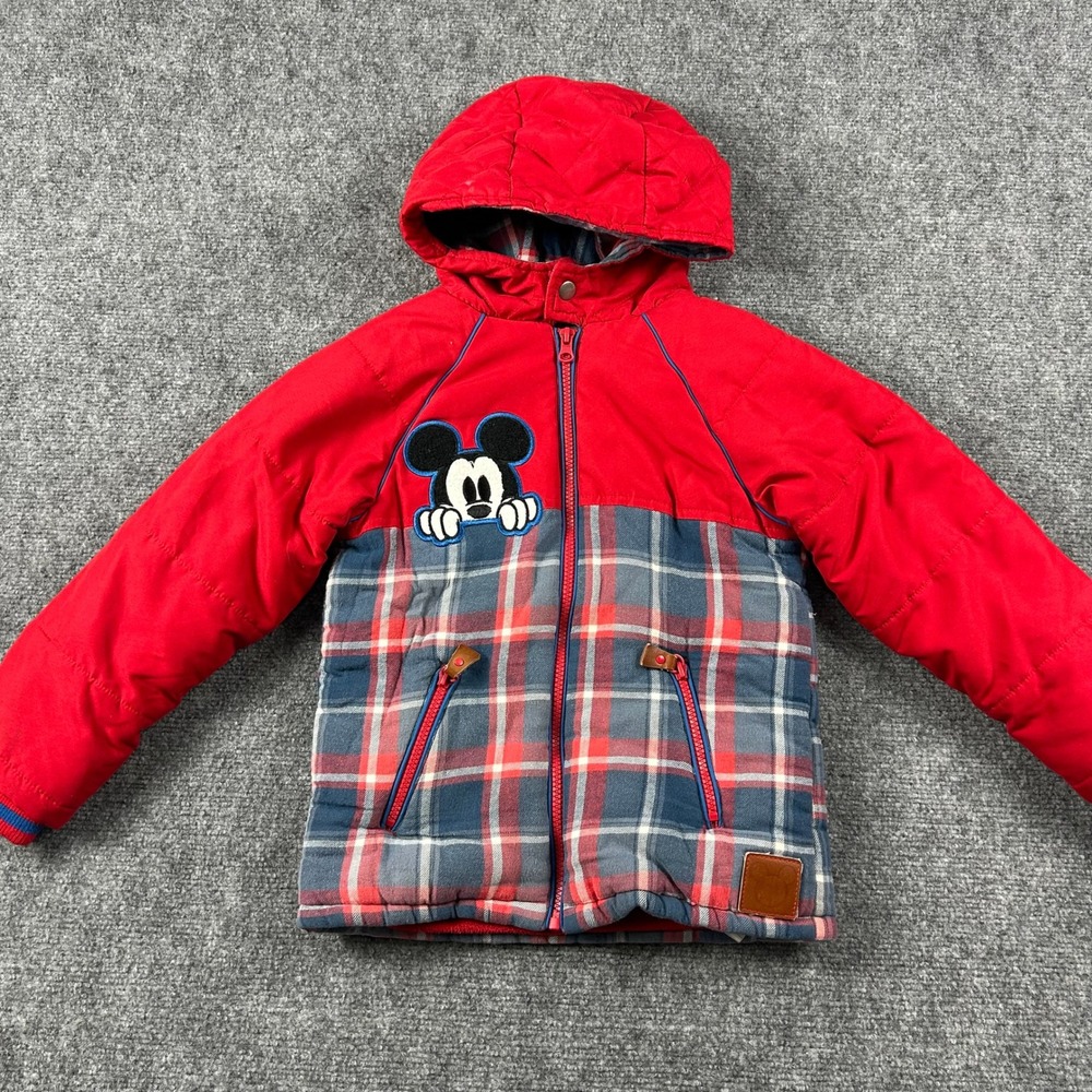 Disney Mickey Mouse Puffer Jacket Boys 5/6 Red Plaid Hooded Fleece Lined Coat